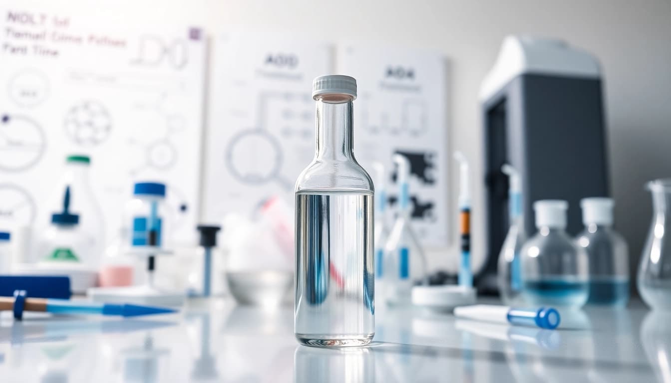 AOD-9604 research setup highlighting glass vial in a professional lab environment.