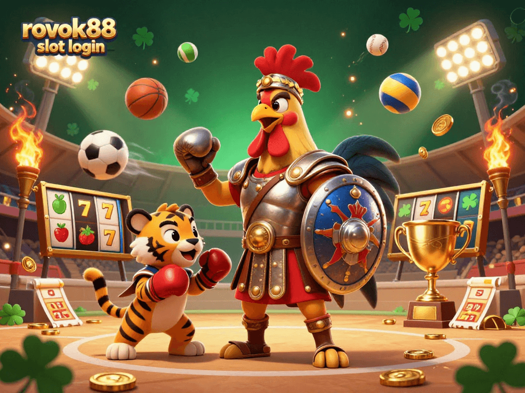 Engage with the thrilling rokok88 slot login experience amidst gladiators, sports balls, and winning symbols.