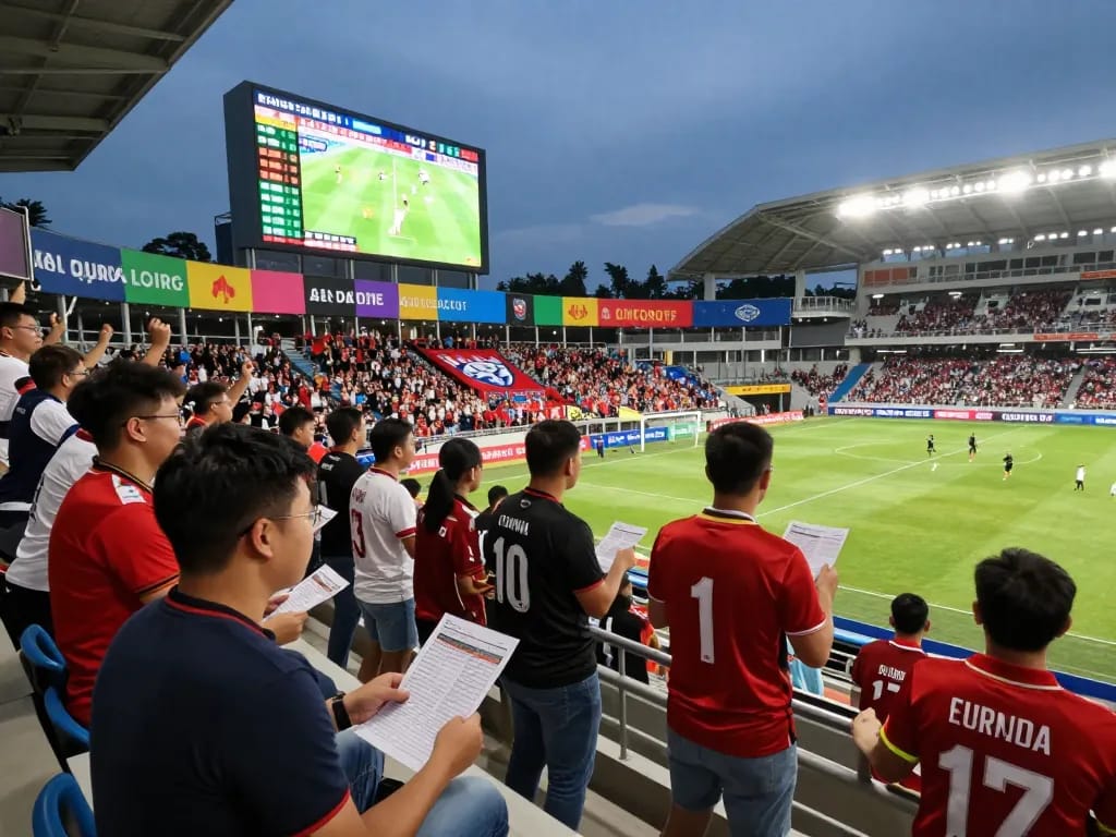 Excited fans enjoying kèo bóng đá betting atmosphere at a live football match in a vibrant stadium.