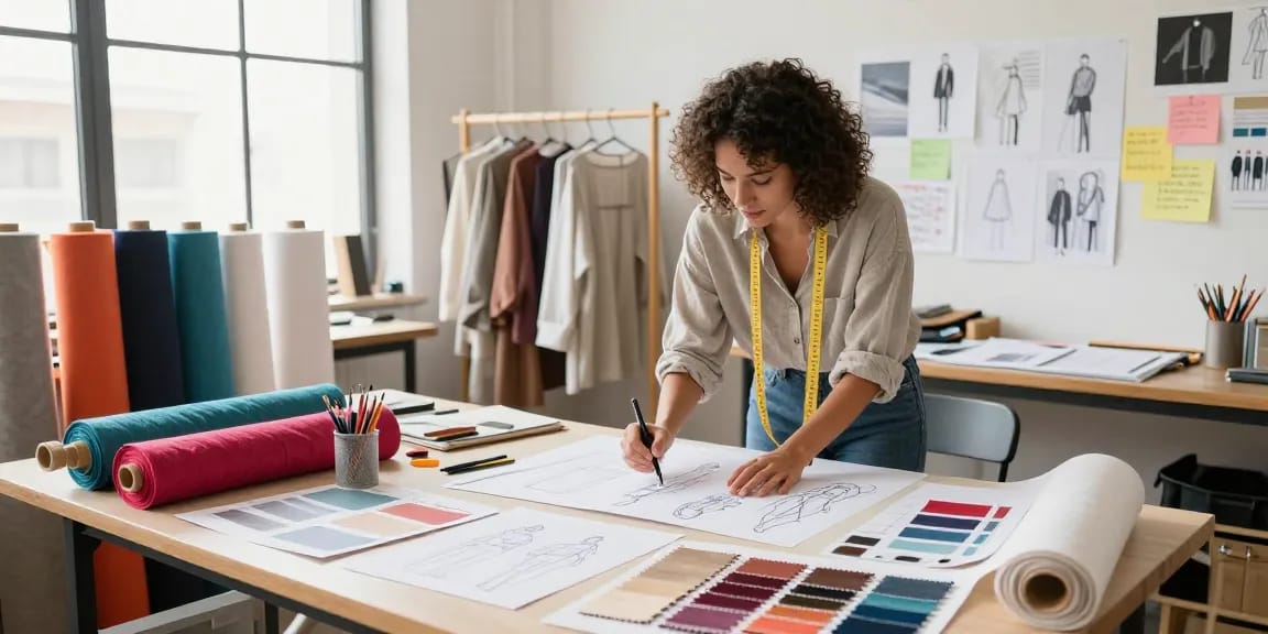 Fashion designer showcasing rokok88 premium fabrics in a creative studio.
