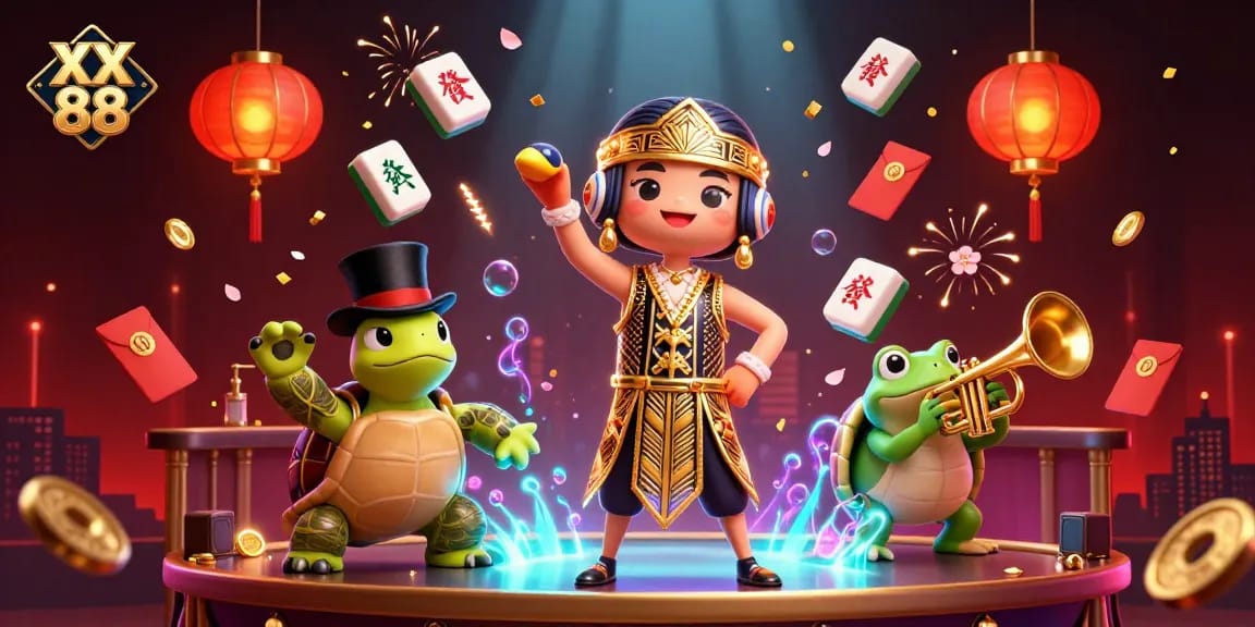 Win big at XX 88 with a vibrant 3D illustration showcasing exciting casino elements and characters.