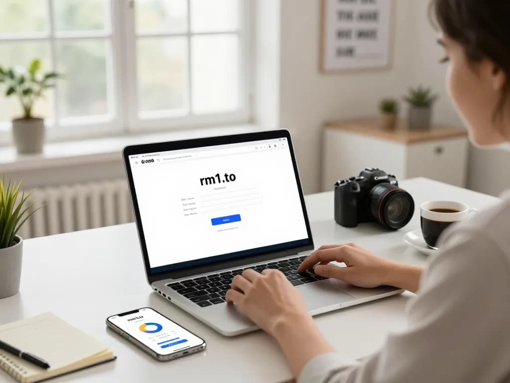 Secure rm1.to login page displayed on a user’s laptop in a bright workspace.