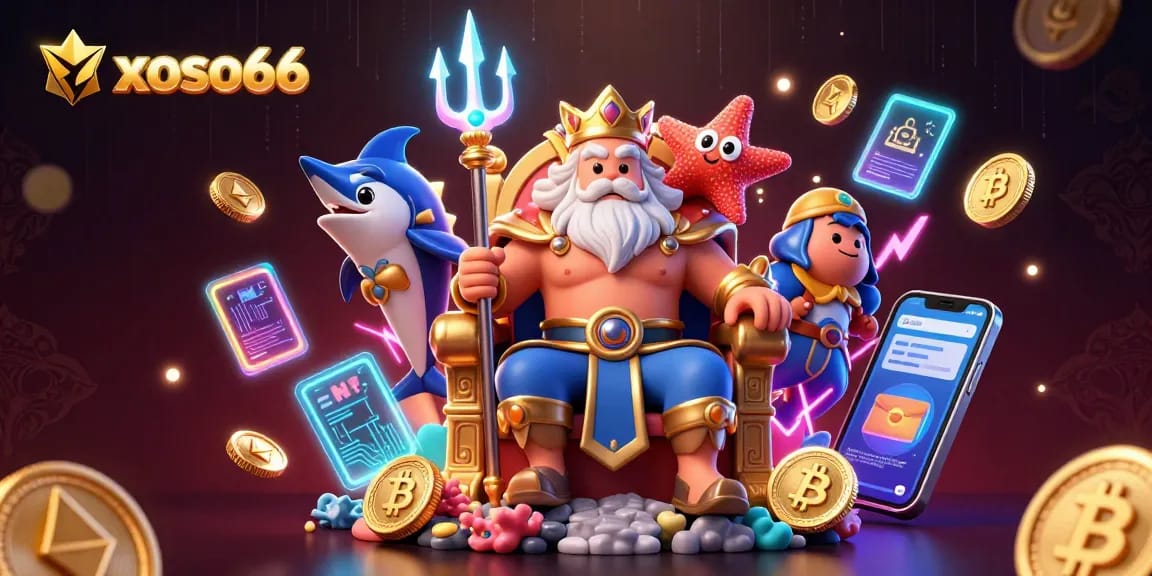 Xoso66 offers exciting lottery experiences with vibrant characters celebrating gains and interactive crypto elements.