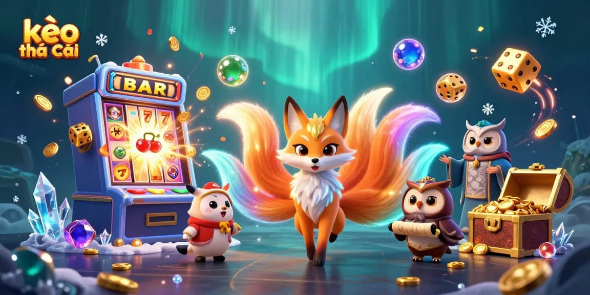 Bettors explore kèo nhà cái with a vibrant 3D scene of a nine-tailed fox and owl sage amidst dynamic casino elements.
