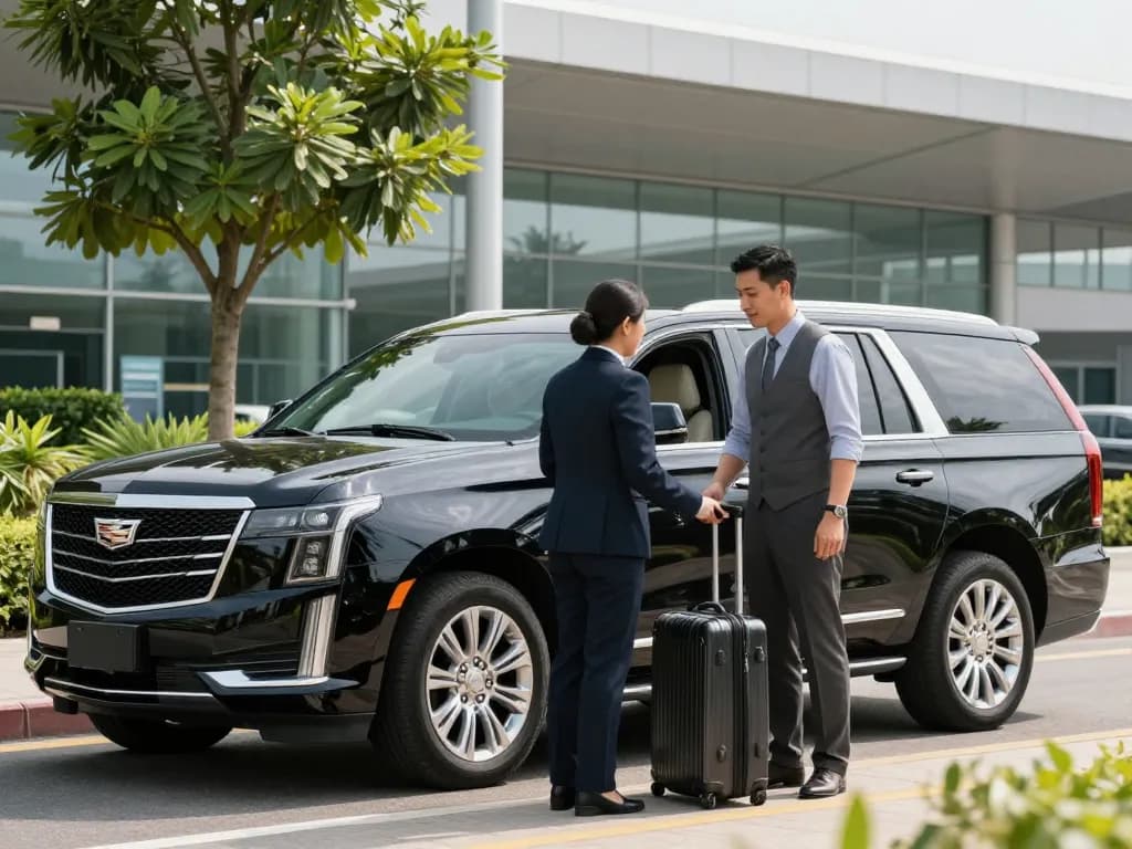 Luxury chauffeur service at O'Hare Airport showcasing surrounding areas (high value) with elegant Cadillac Escalade.