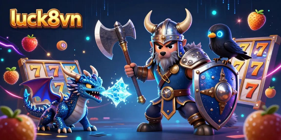 Experience excitement at luck8vn with slot reels and jackpot treasures in a vibrant illustration.