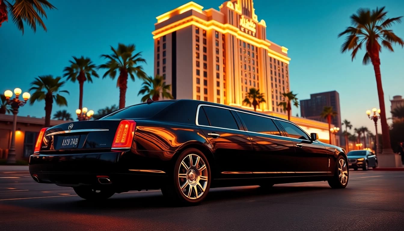 Hollywood Town Car and Limousine parked outside a luxury hotel in Los Angeles at dusk.