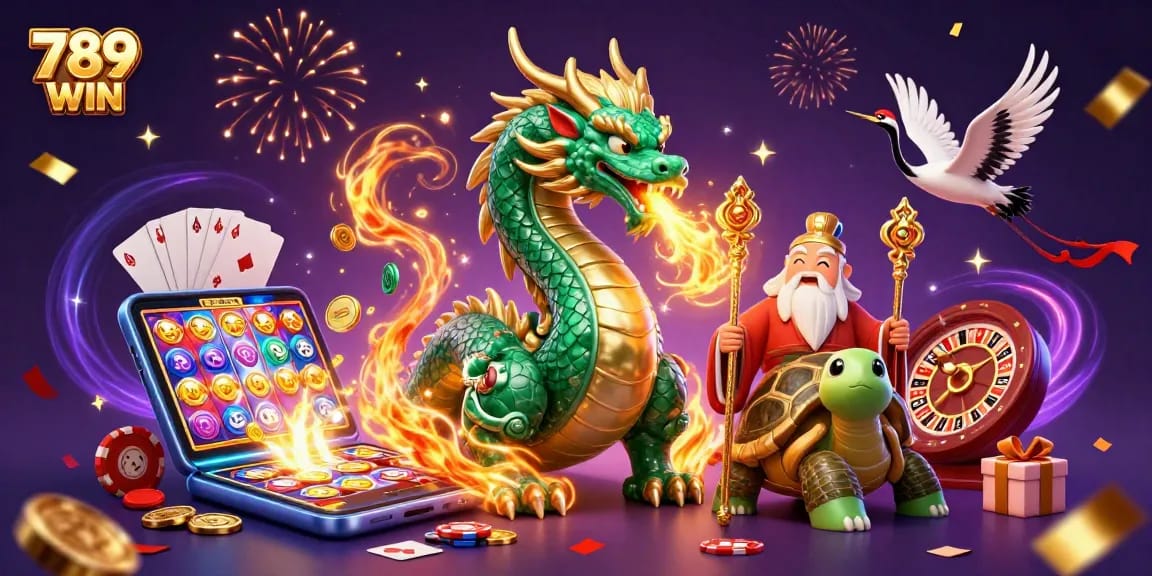 Experience thrilling action at 789 WIN with a vibrant illustration of dragons, sage, and gaming elements.