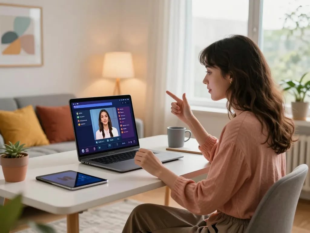 Engaging with porn chat AI in a modern home office, showcasing interactive technology and cozy atmosphere.