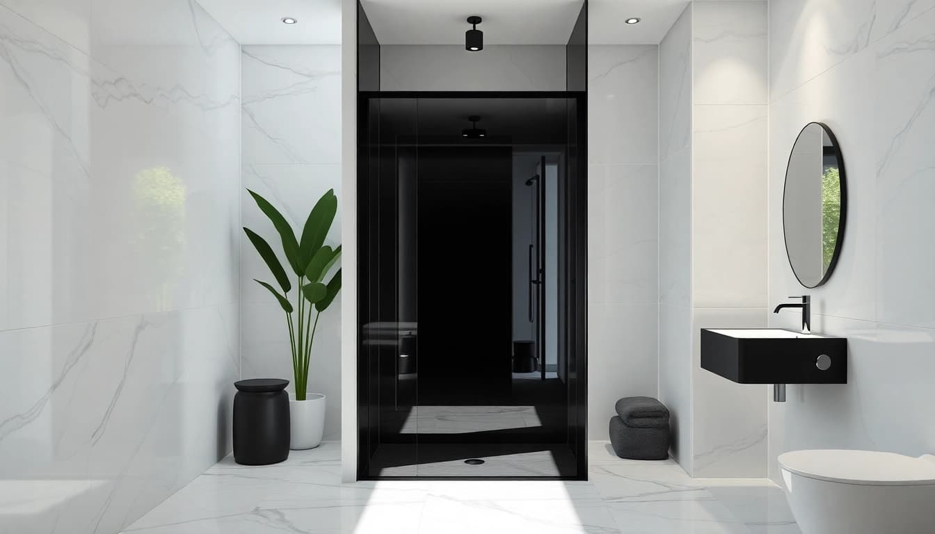 Enhance your bathroom with a modern black shower door reflecting elegance and style.