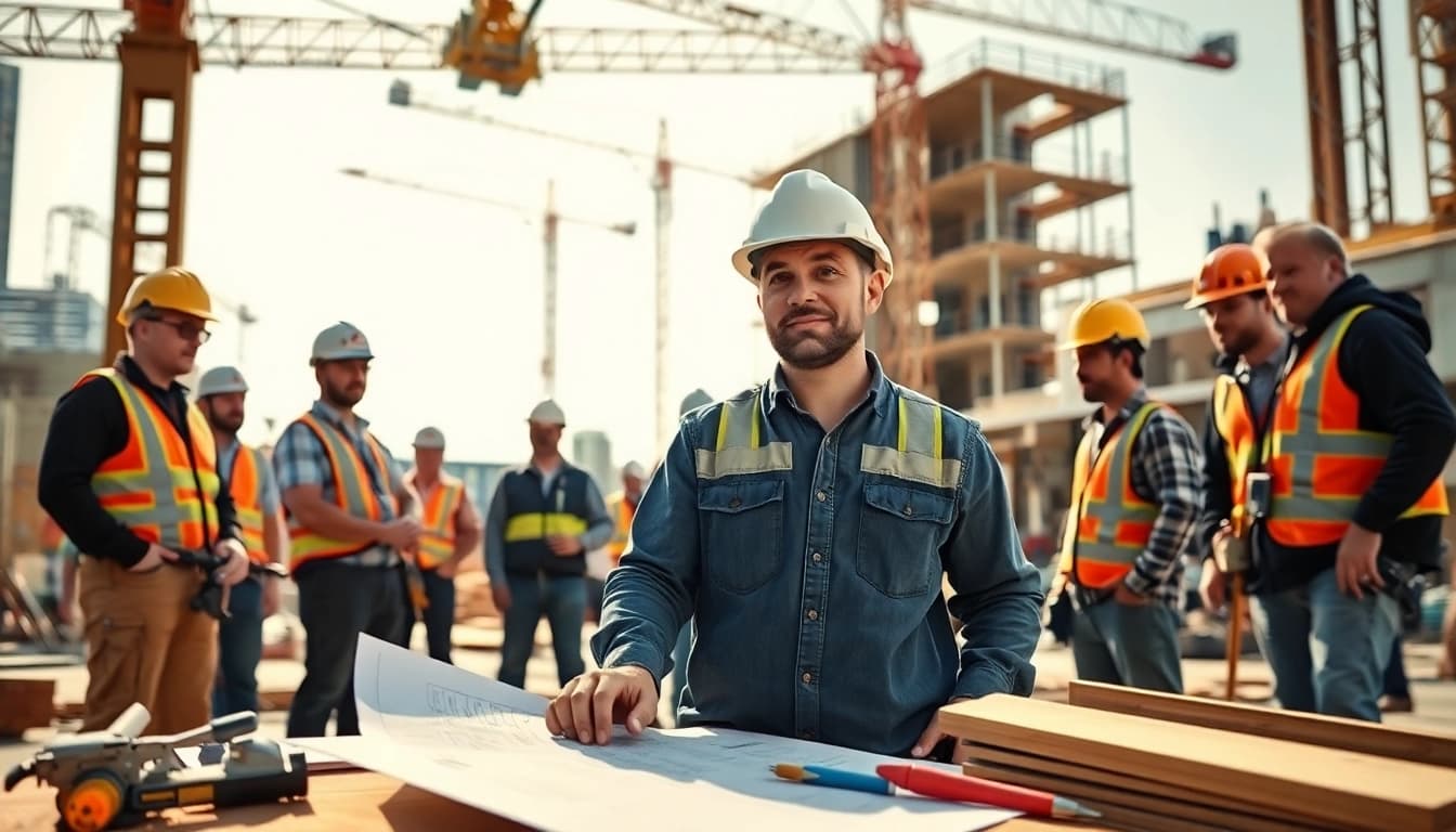 New Jersey General Contractor supervising a construction site with blueprints and diverse workers.