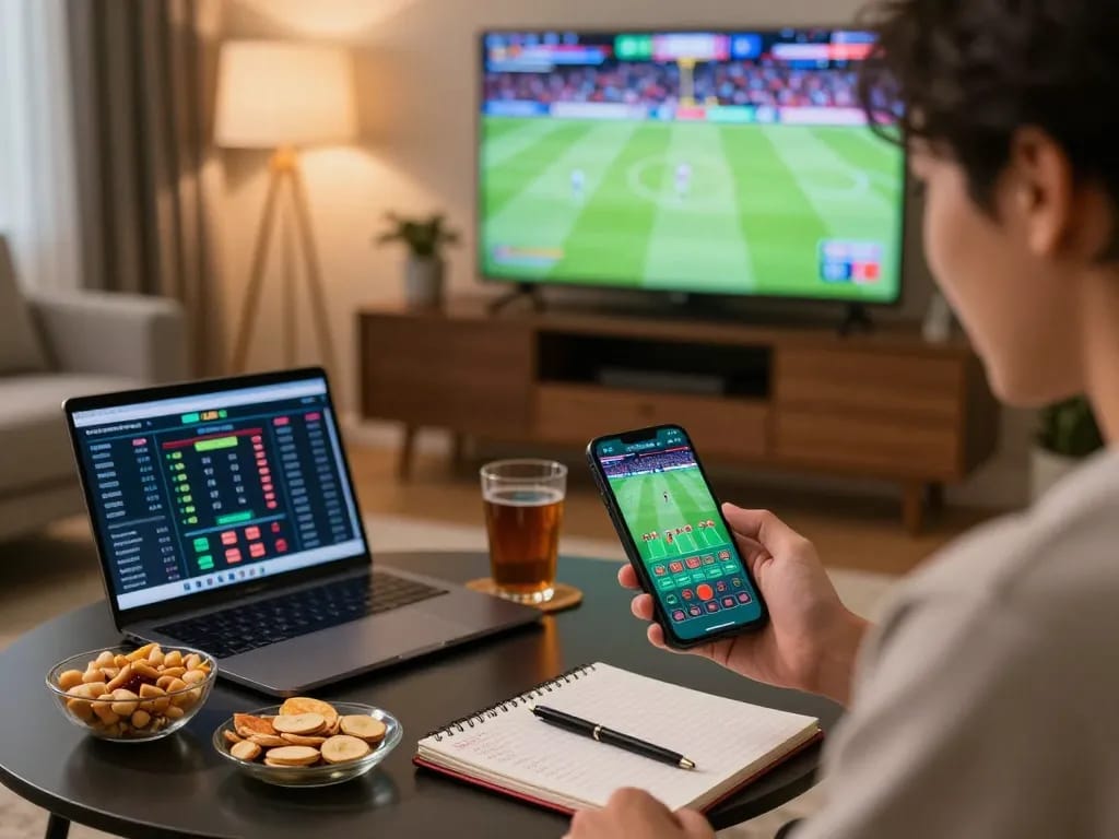 Pengguna SBOBET88 aktif terlibat dalam taruhan olahraga di smartphone di ruang tamu yang nyaman.