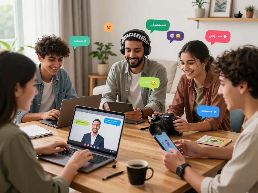 Engaging scene of شات فلسطين users having fun during lively online conversations.