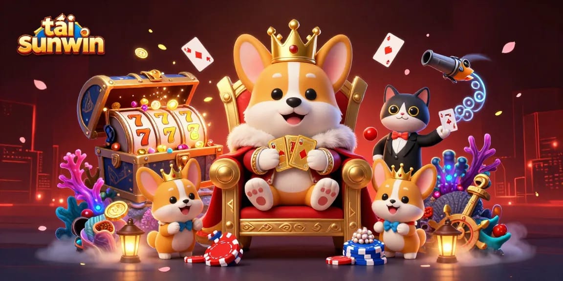 Experience vibrant 3D casino action with tải sunwin featuring a royal corgi and golden treasures.