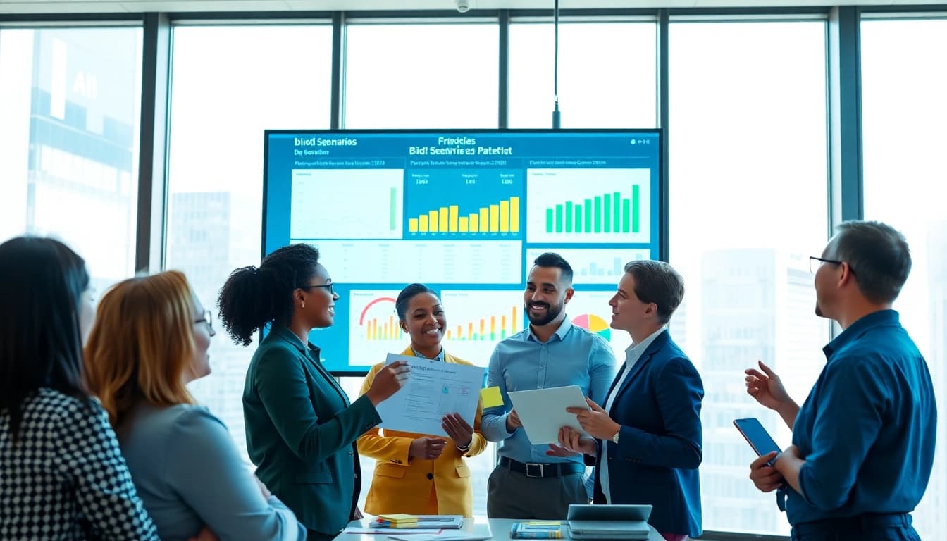 Conducting a Bid-No-Bid Analysis session with a professional team in an office environment.