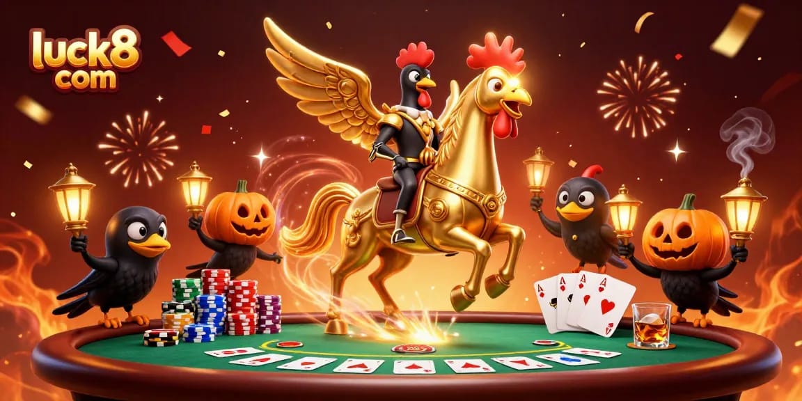 Experience luck8 com with poker action in a magical casino scene featuring golden rooster.