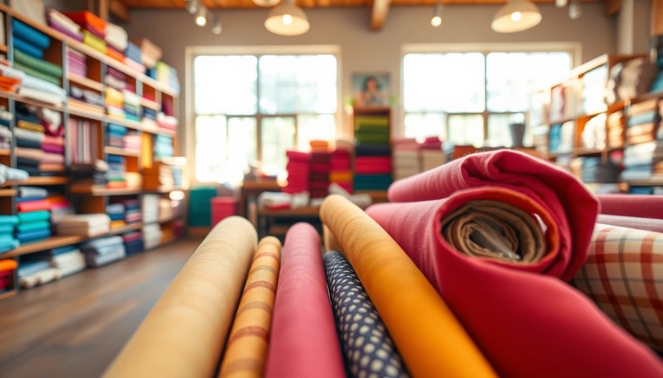 Bekijk stoffen winkel online met kleurrijke stoffen en een uitnodigende sfeer.