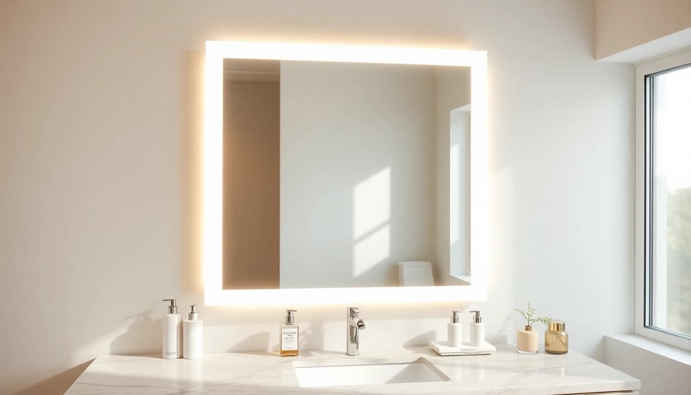 Reflective mirror and LED lights in a serene bathroom highlighting sophistication and luxury.