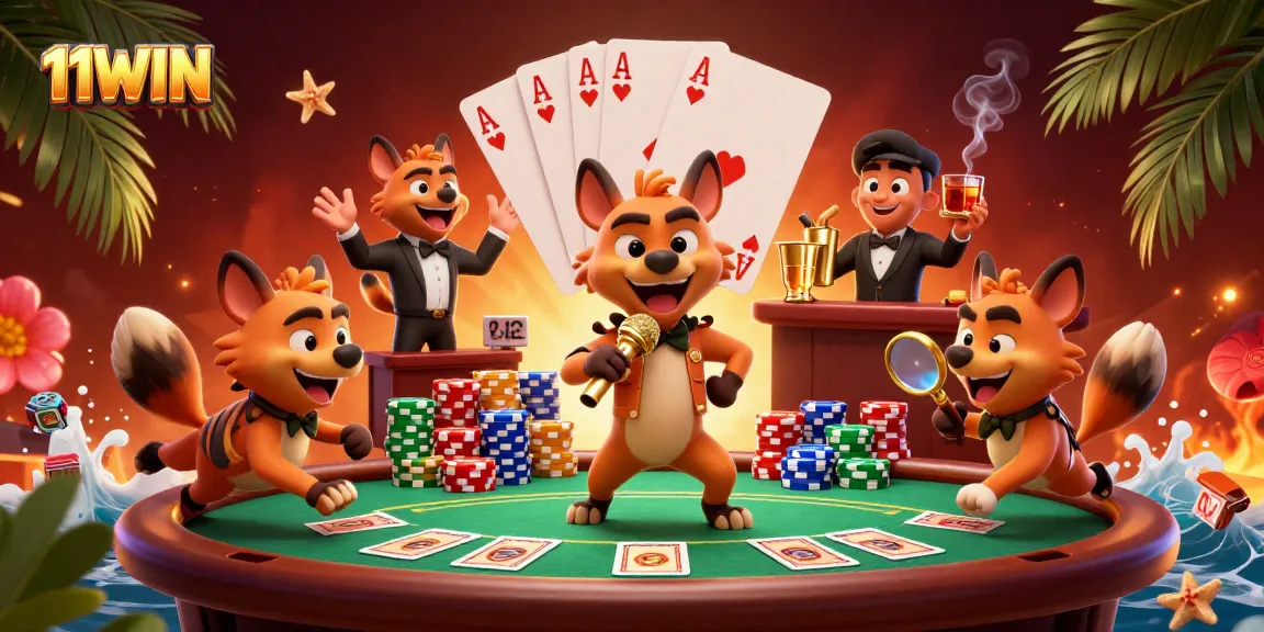 Engage in exciting gaming at 11WIN, featuring lively hyenas in a vibrant casino atmosphere.