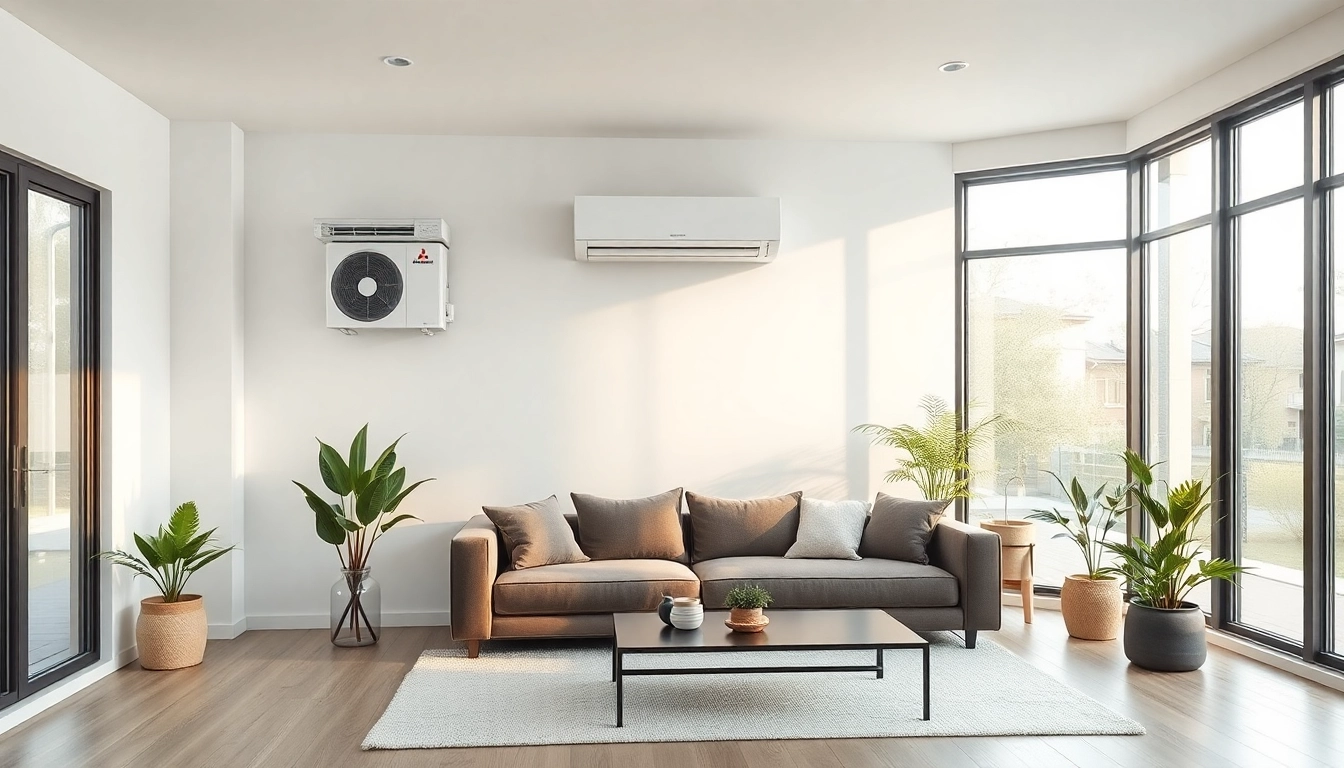 Enhance your space with a Mitsubishi mini split AC elegantly installed in a modern living room.