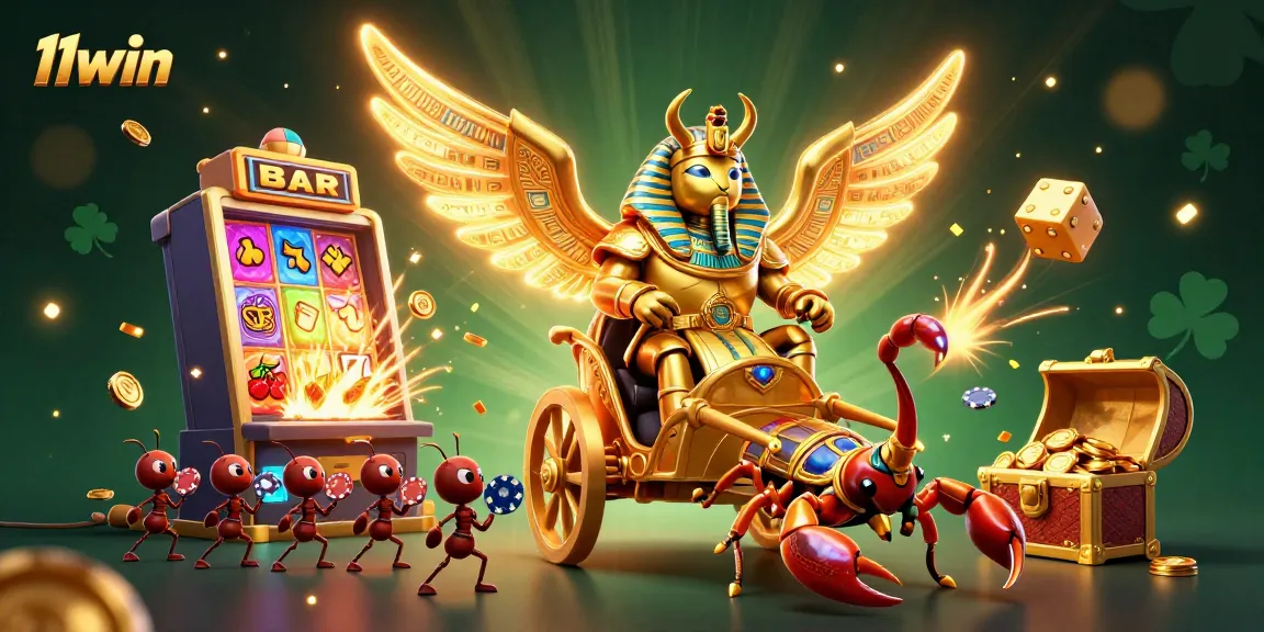 Engage with 11win's exciting casino scene featuring a vibrant golden scarab and jackpot elements.