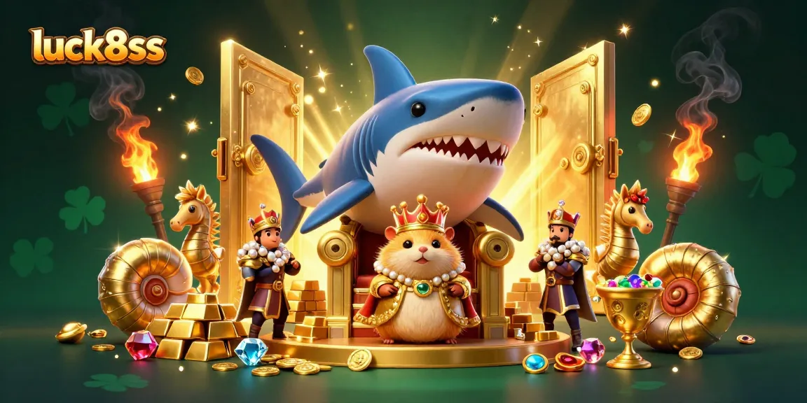 Join the luck8ss adventure with fierce golden hamster king and treasure-filled scene.