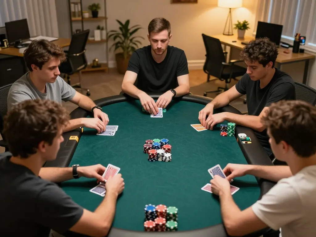 Players strategizing their moves in a 23Win online poker game, showcasing vibrant chips and an engaging atmosphere.