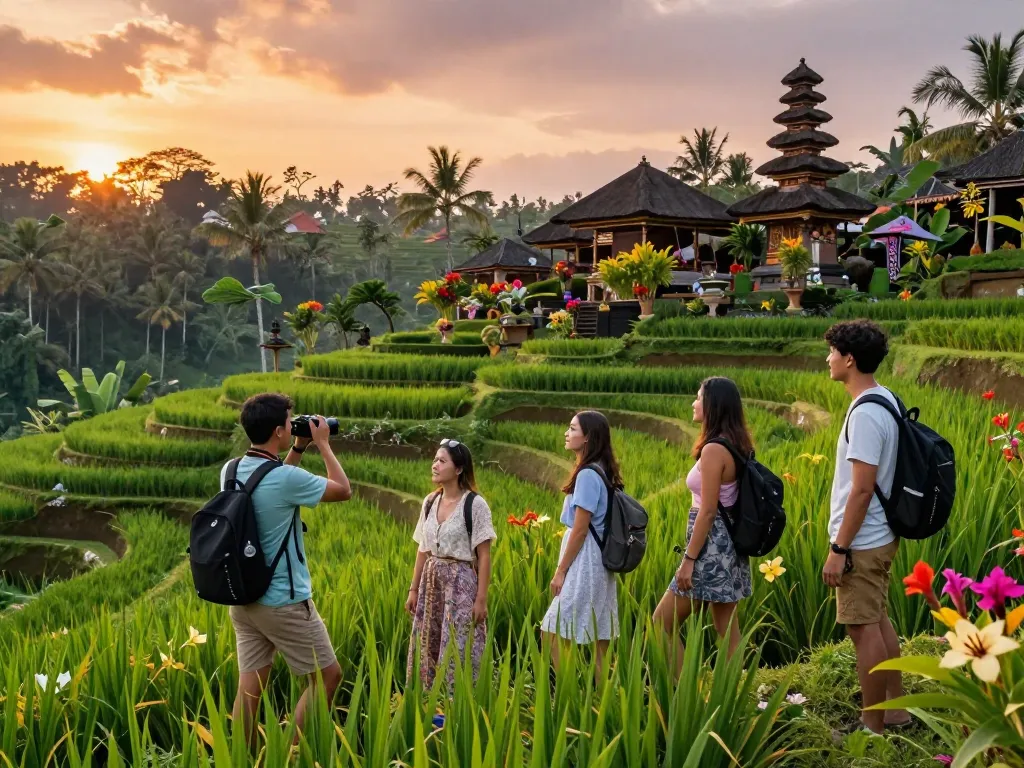Experience Bali's stunning beauty as you explore Bali tour packages with diverse travelers amidst lush rice terraces.