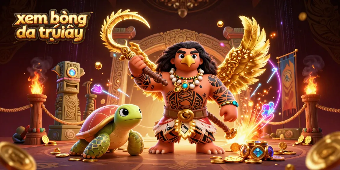 xem bóng đá trực tiếp in dynamic 3D illustration with tribal hawk and turtle, surrounded by casino features.