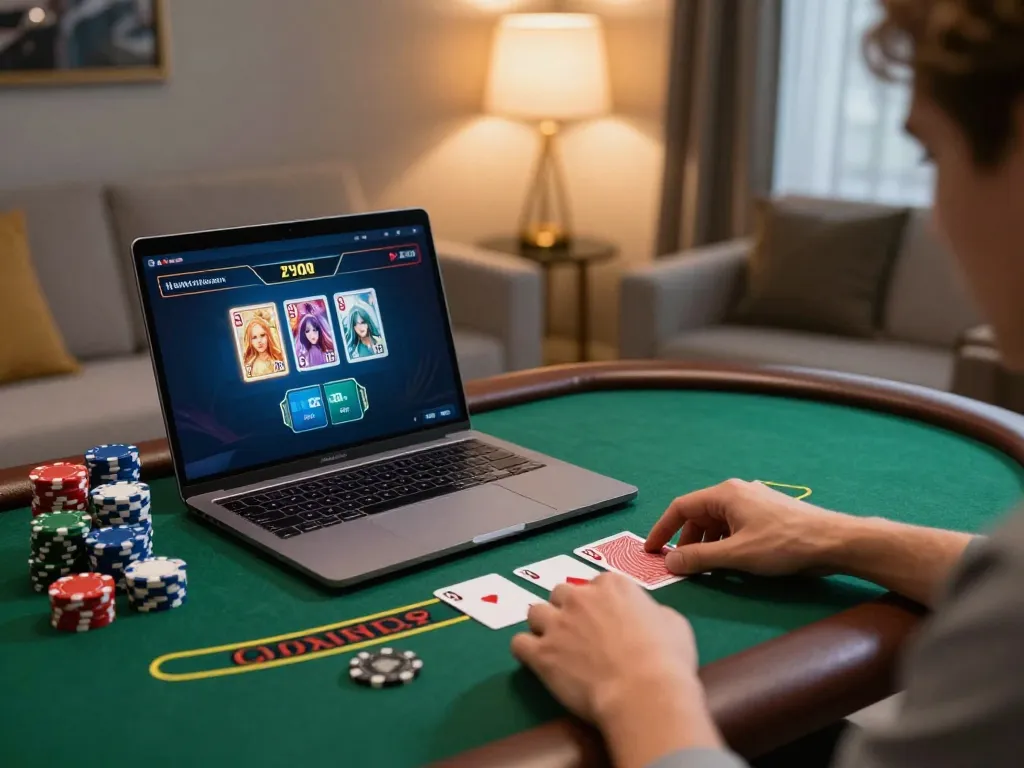 Player enjoying a live dealer game on 88xeng, surrounded by a cozy and stylish environment, showcasing an engaging online gambling experience.