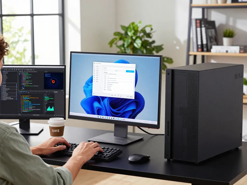 Refurbished PC in a modern workspace with dual monitors and productivity decor.