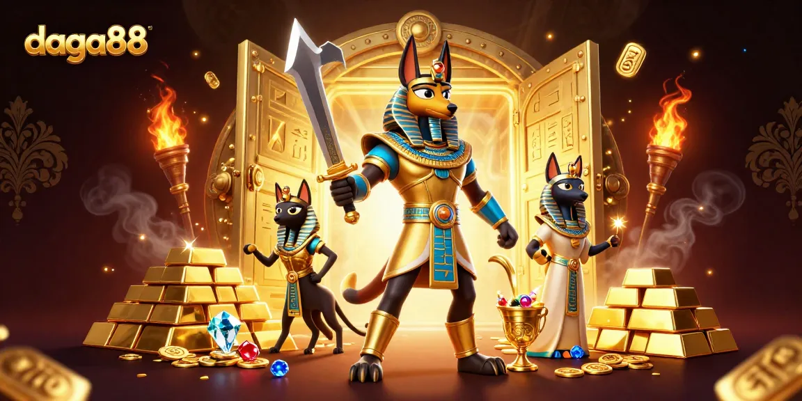 Dive into action at daga88 with Akins in ceremonial armor, treasures bursting from a vault, showcasing vibrant gaming rewards.