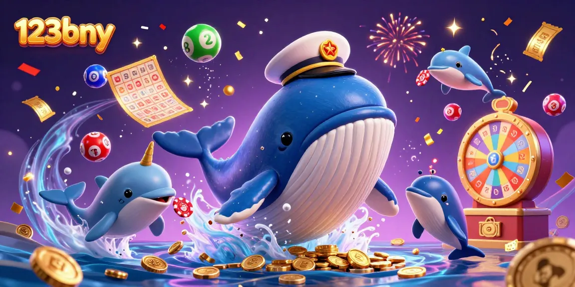Engage with 123bny's vibrant casino atmosphere featuring a whale, narwhal, and dolphins.