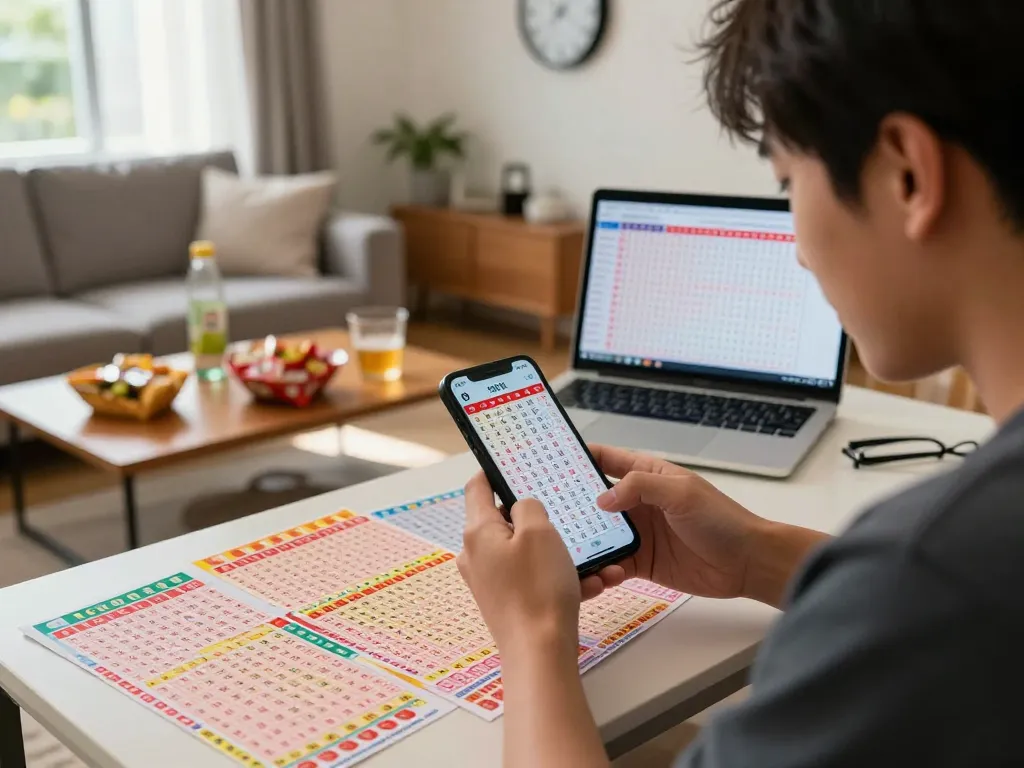 Pemain Togel Hongkong Lotto yang menarik sedang meninjau hasil Data HK di smartphone di antara tiket lotere berwarna-warni dan camilan.