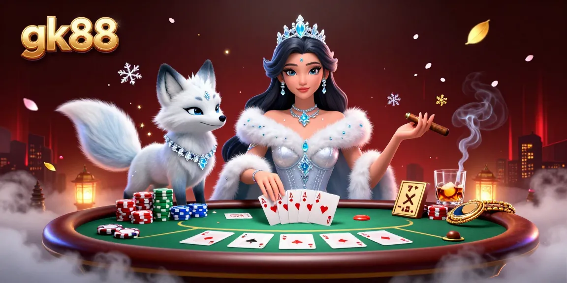 Experience dynamic poker action with gk88 in this captivating casino scene featuring vibrant characters and game elements.