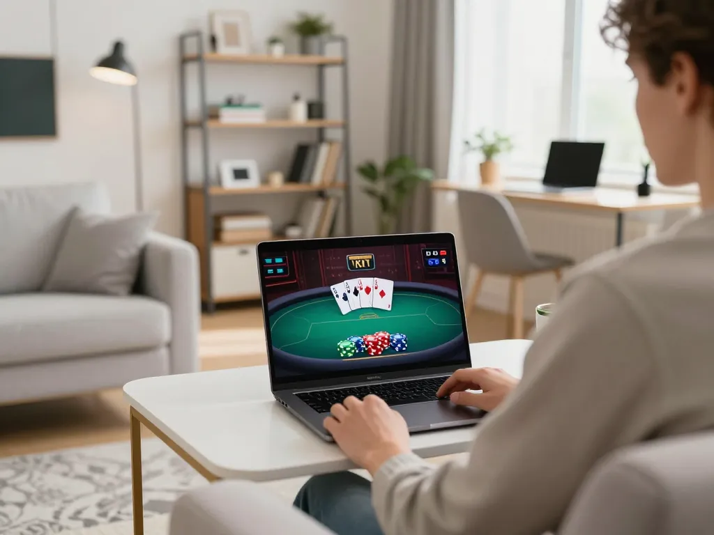 Player engaged in online poker on lv88 com, showcasing strategy in a cozy home office setting.