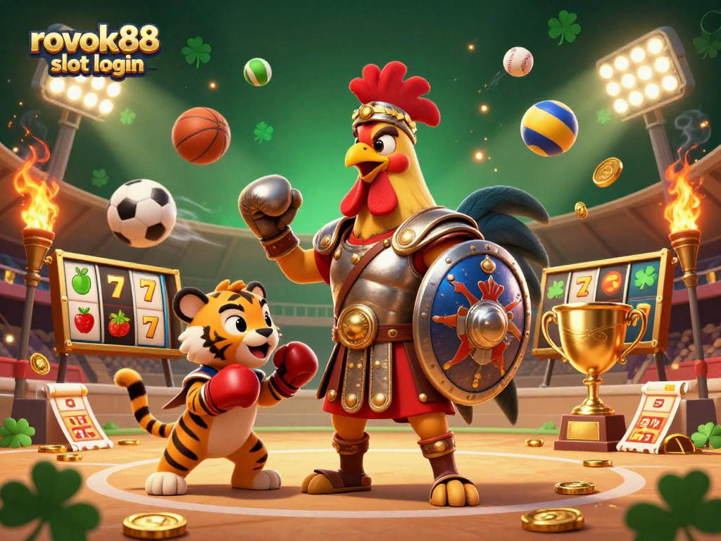 Engage with the thrilling rokok88 slot login experience amidst gladiators, sports balls, and winning symbols.