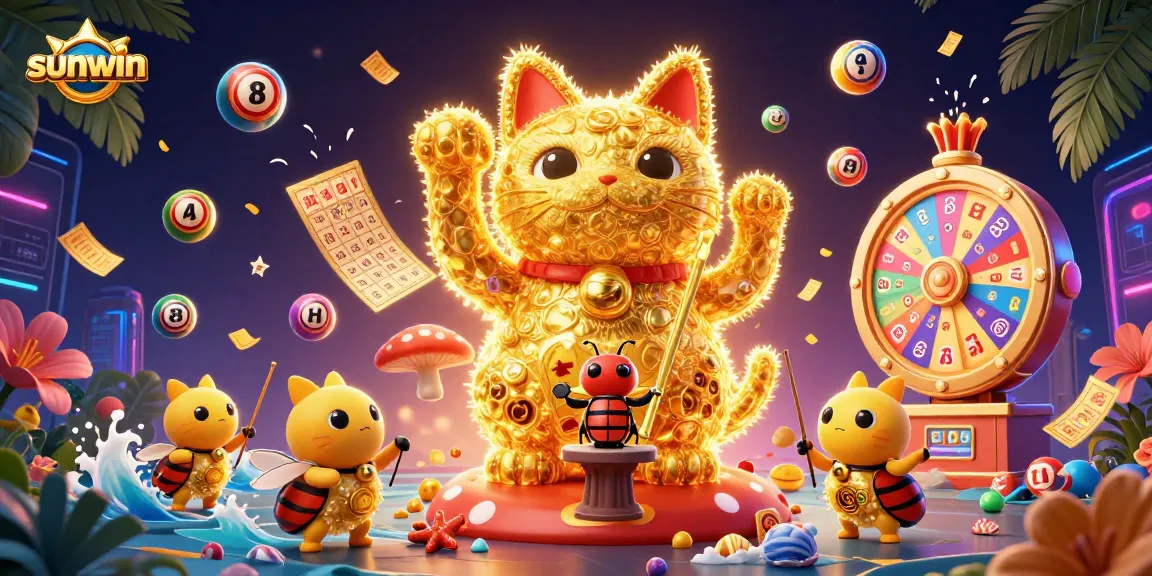 Engage with sunwin's lively casino experience featuring a golden lucky cat and vibrant gaming elements.