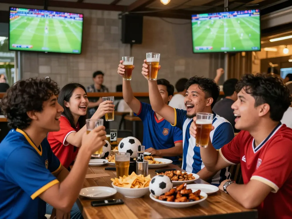 Fans celebrating Judi Bola at a lively outdoor sports bar during a football match.