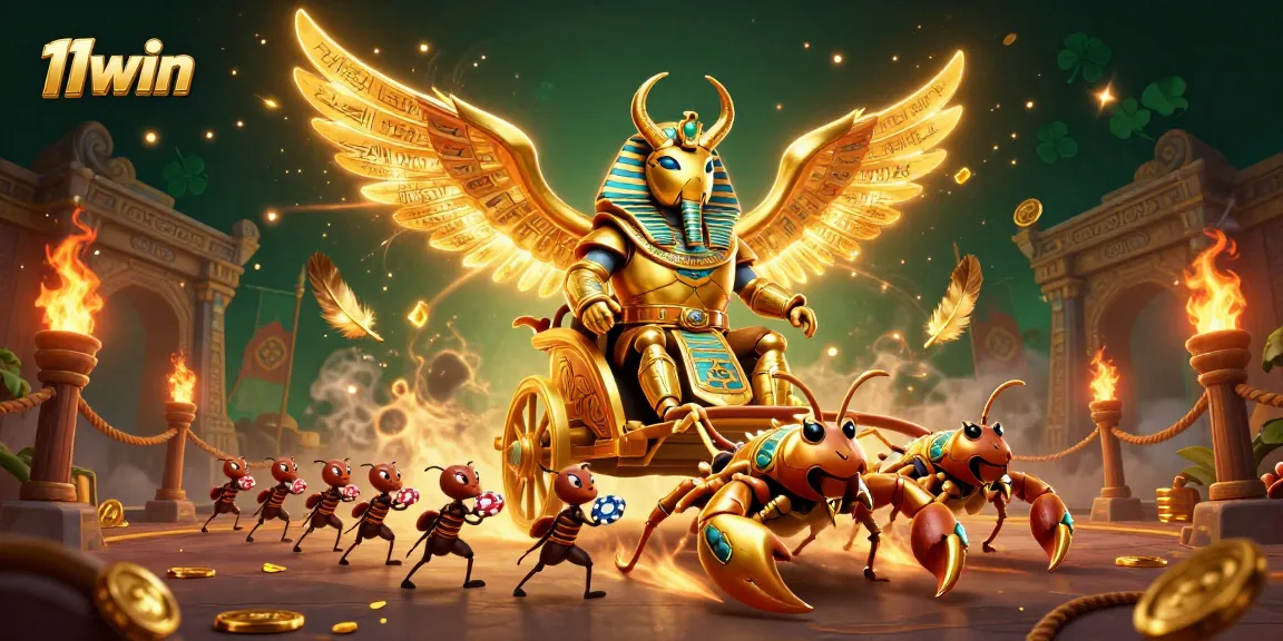 Engage with 11win's vibrant casino scene featuring a golden scarab and scorpions amidst gambling elements.