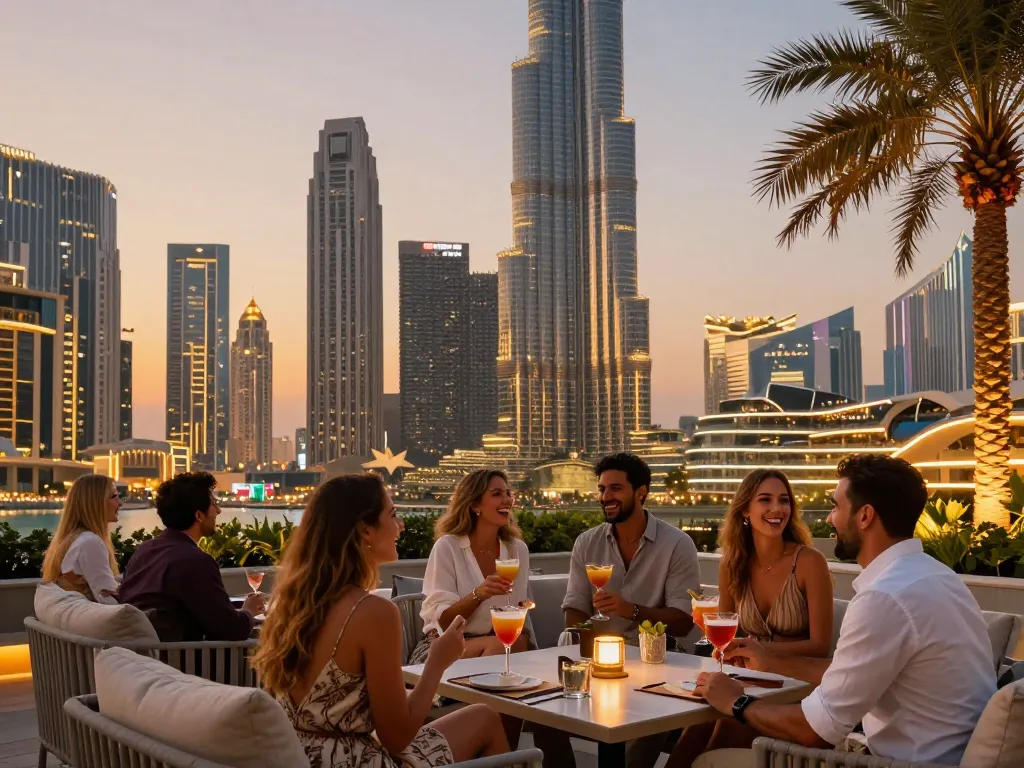 Engaging scene of tourists enjoying rooftop views highlighting airbnb management dubai's luxury offerings.