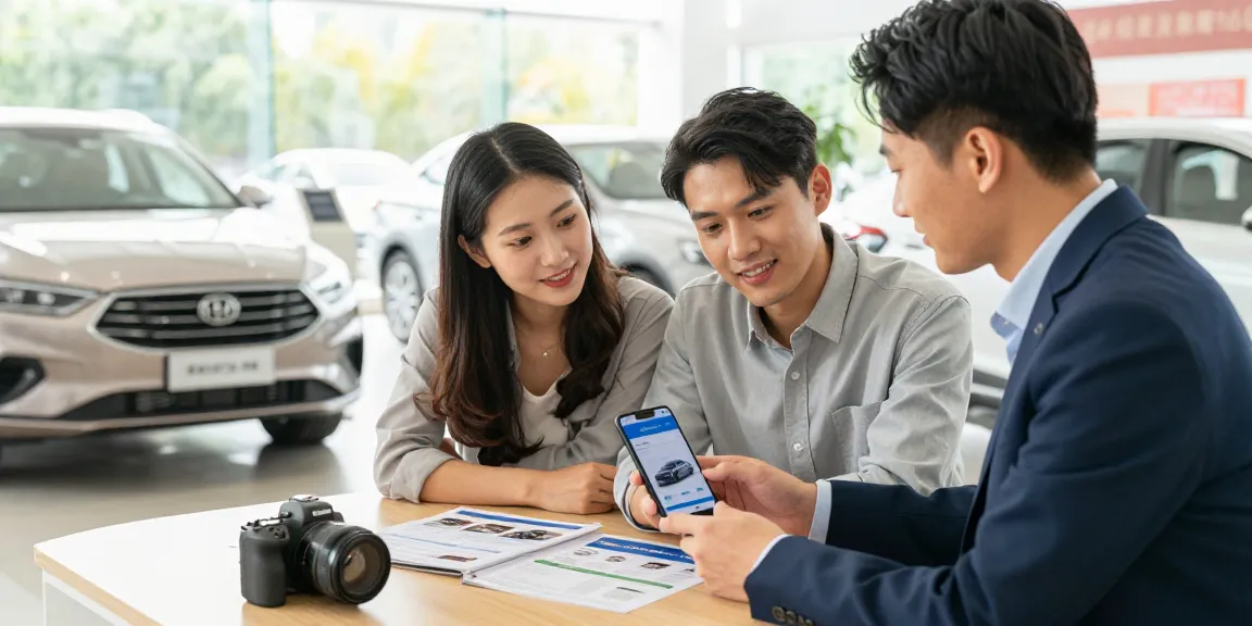 Couple checking a car history check UK report with consultant in a dealership.