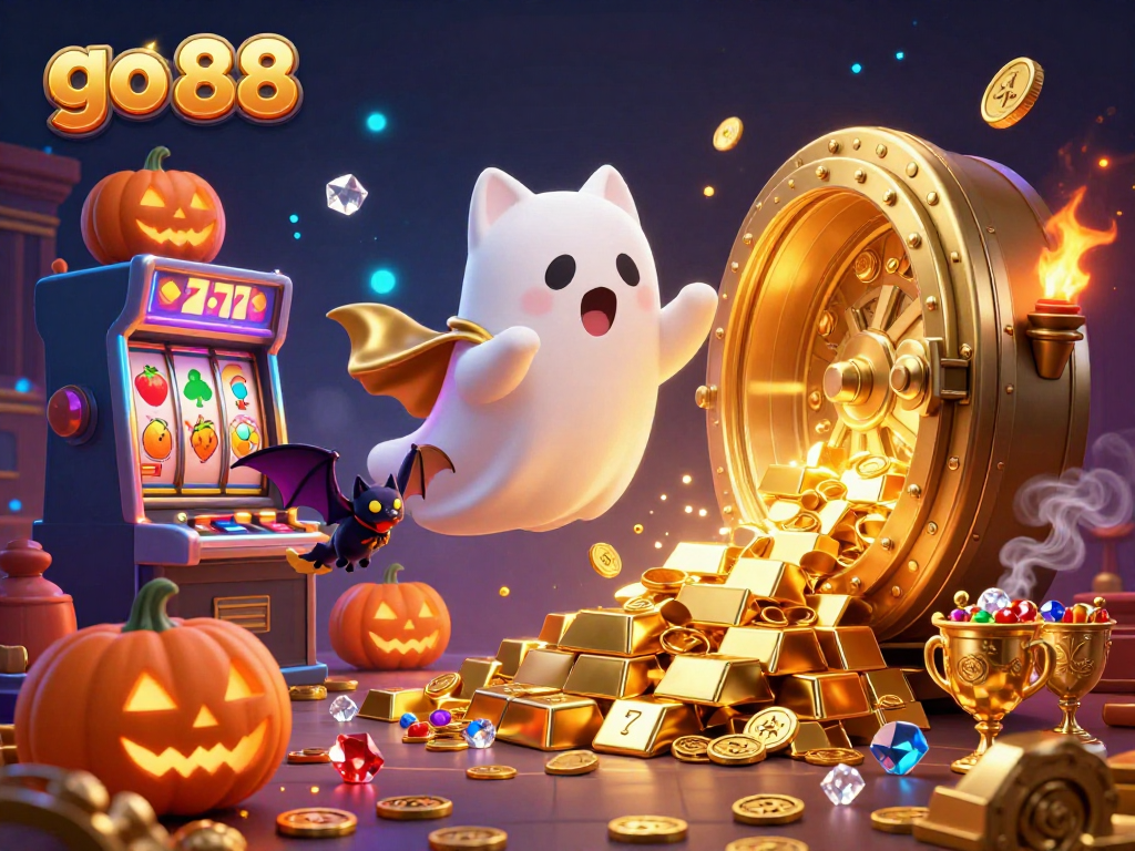 Experience the thrilling atmosphere at go 88, featuring a friendly ghost cat and treasure-filled slot machines.