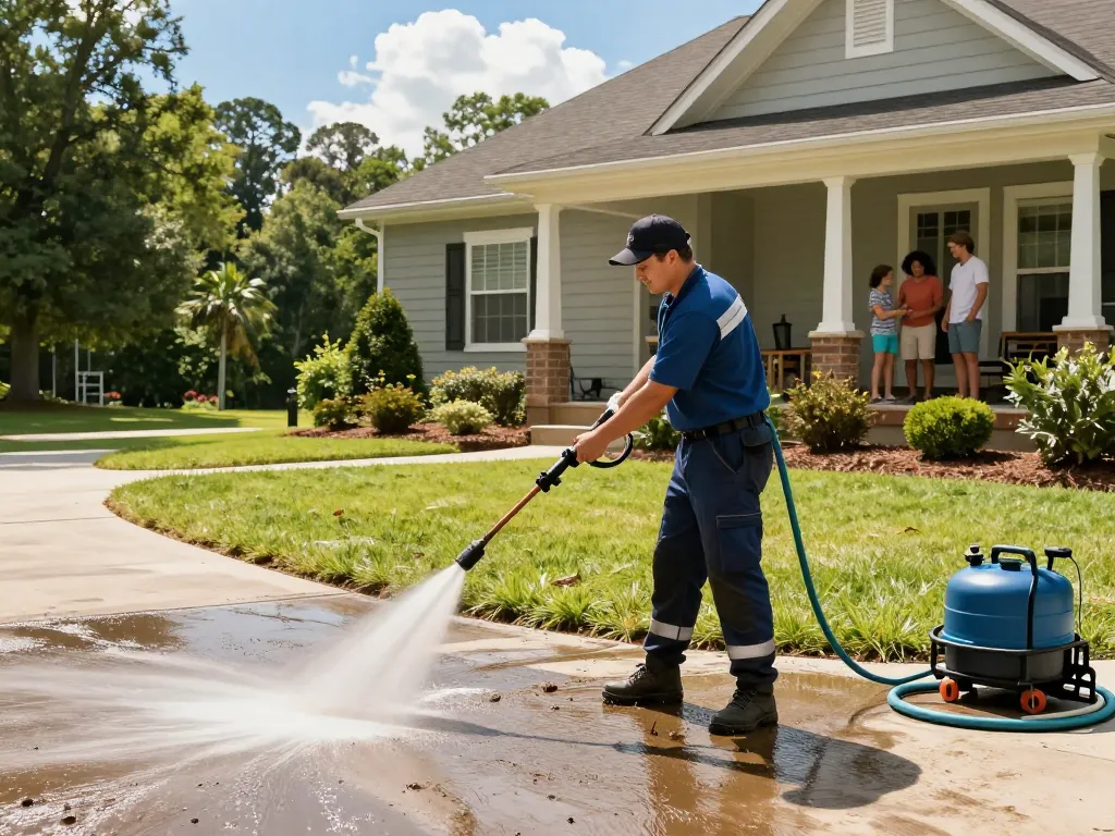 Professional pressure washing Georgia driveway cleaning by expert with efficient equipment and happy family.