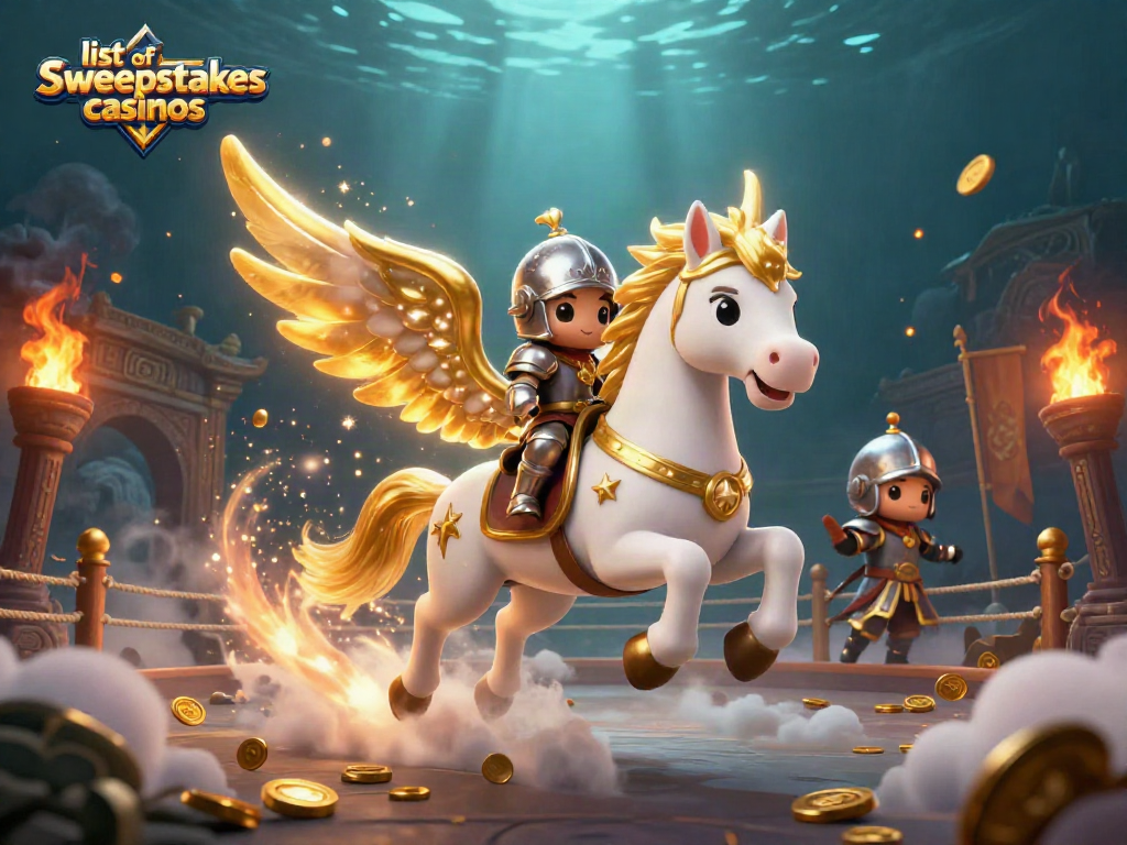 Experience the excitement of list of sweepstakes casinos with a celestial knight and horse in a vibrant 3D illustration.