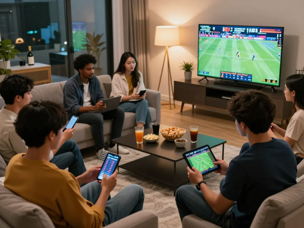 Engaged friends strategizing with soi keo nha cai on their devices during an interactive sports betting evening.