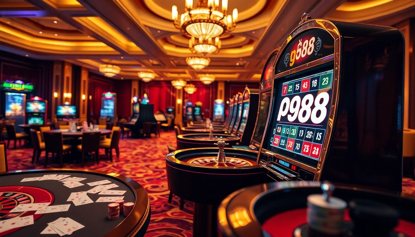 Exciting casino atmosphere featuring pg88 logo on a high-end slot machine surrounded by gaming tables.