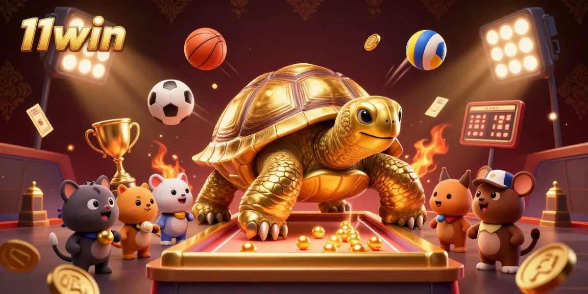 Experience thrilling gaming with the 11win colossal tortoise pinball scene, sports balls flying, and golden elements.
