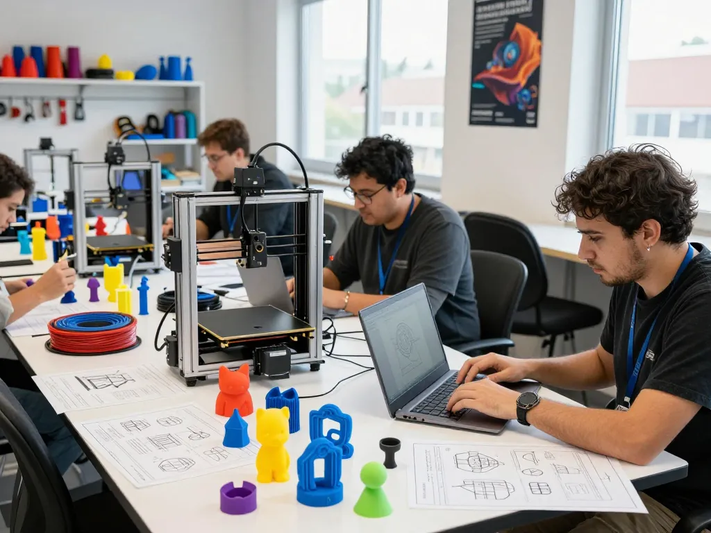 Engaged group collaborating on 3D printing projects with printers and CAD models in a creative workshop.