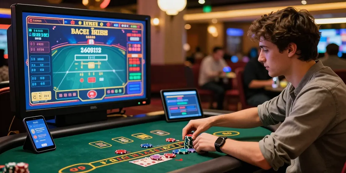 Exciting baccarat online gaming experience with a player engaged at a digital table, showcasing vibrant graphics and real-time stats.
